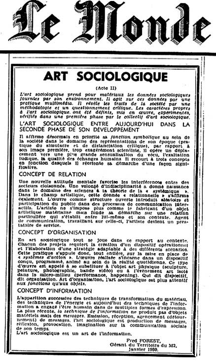31- Manifeste de l'art sociologique publi� par Fred Forest dans le journal 